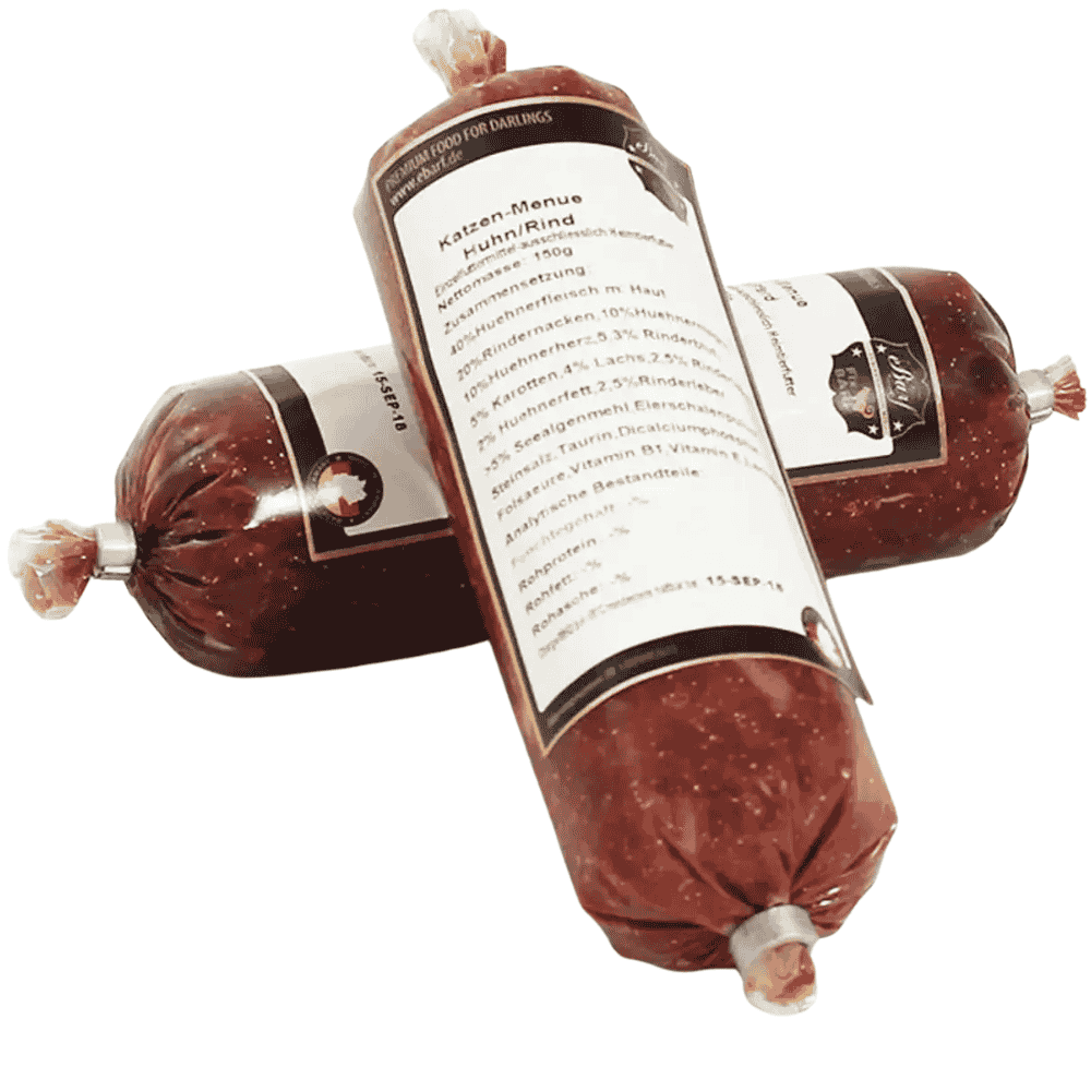 Huhn & Rind Komplettmenü für Katzen in der 150 g Wurstverpackung