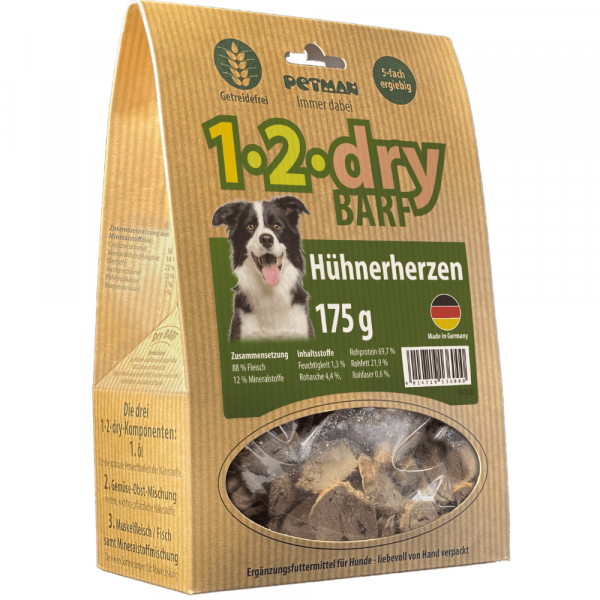 Petman 1-2-dry BARF Hühnerherzen Hundefutter 175 g