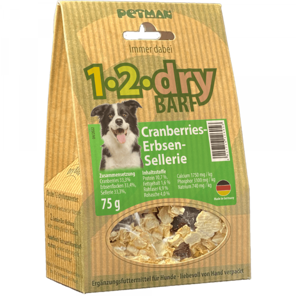 Petman 1-2-dry BARF Cranberries-Erbsen-Sellerie Hundefutter 75 g